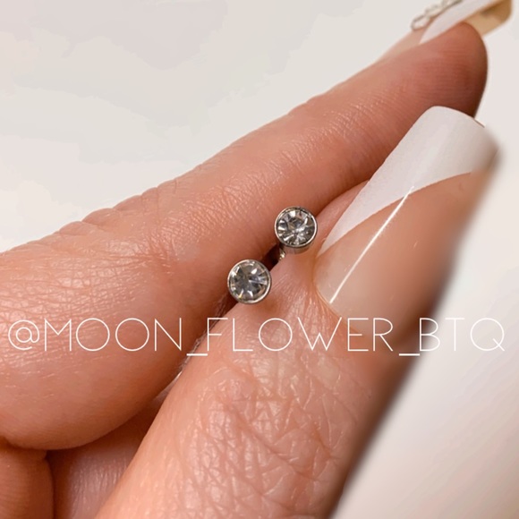 Tiny CZ Ball Back Barbell Earrings - Picture 3 of 8